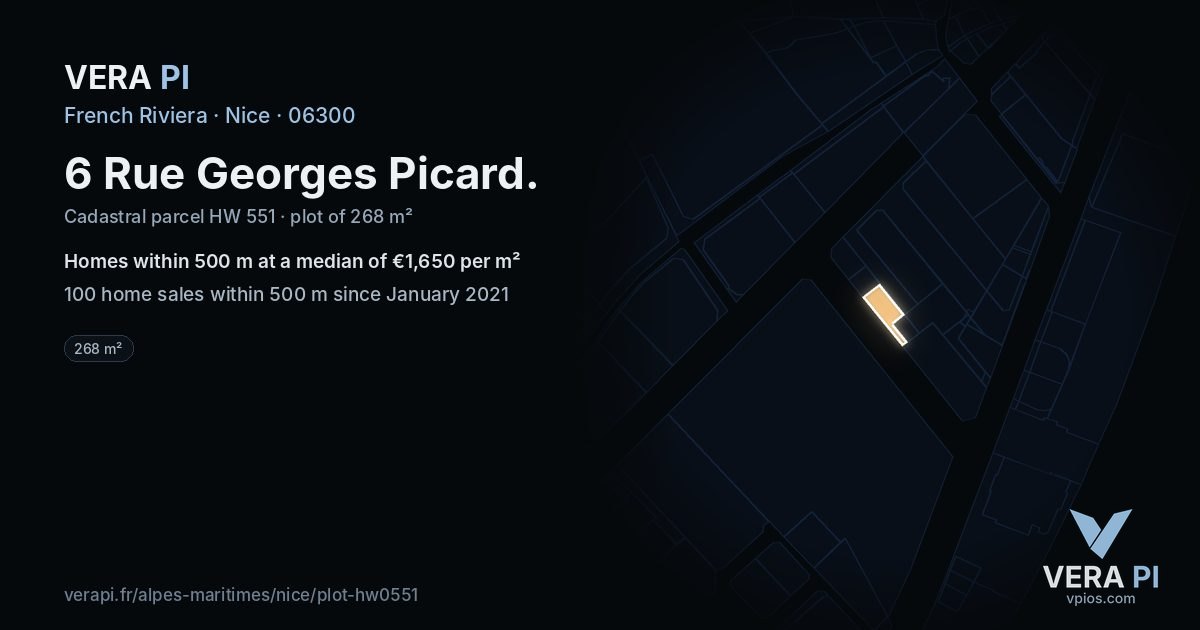 6 Rue Georges Picard, Nice at night – the plot lit, the parcels around coloured by the prices near them