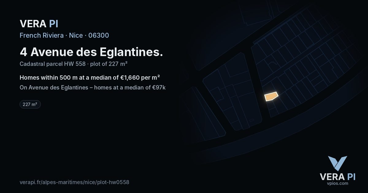 4 Avenue des Eglantines, Nice at night – the plot lit, the parcels around coloured by the prices near them
