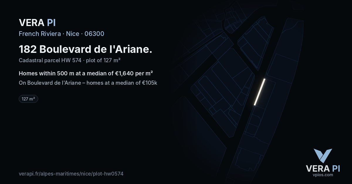 182 Boulevard de l'Ariane, Nice at night – the plot lit, the parcels around coloured by the prices near them
