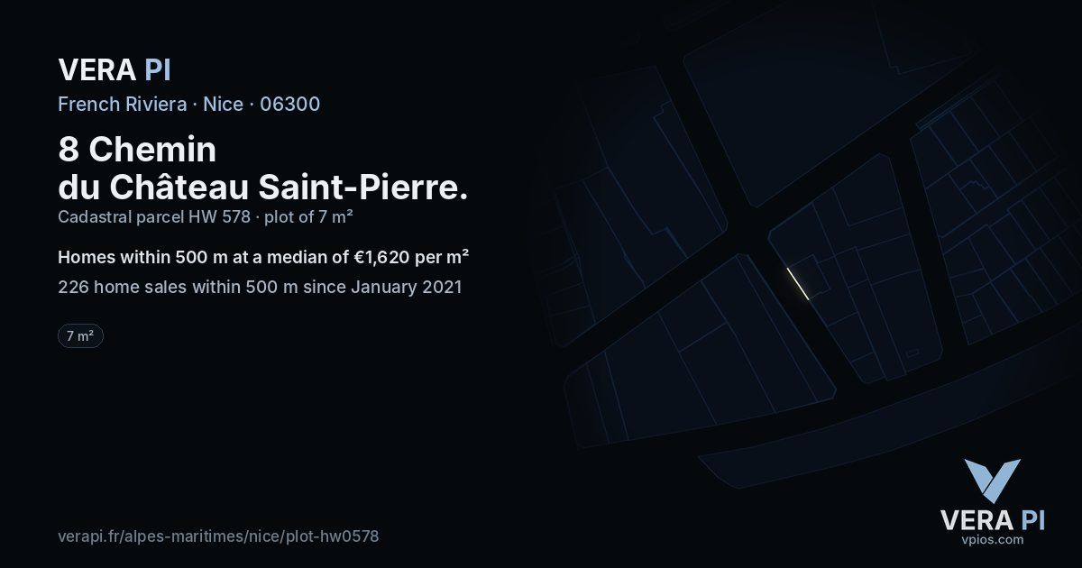 8 Chemin du Château Saint-Pierre, Nice at night – the plot lit, the parcels around coloured by the prices near them