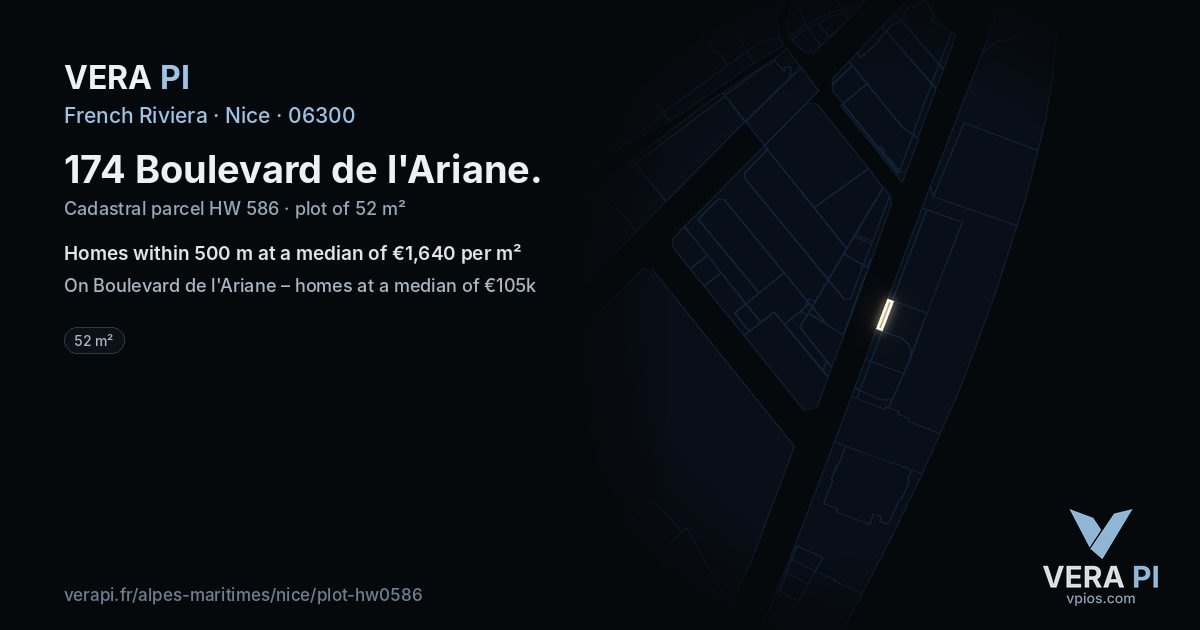 174 Boulevard de l'Ariane, Nice at night – the plot lit, the parcels around coloured by the prices near them