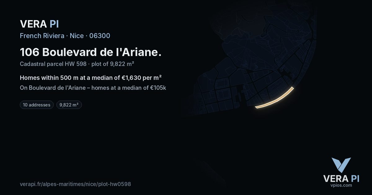 106 Boulevard de l'Ariane, Nice at night – the plot lit, the parcels around coloured by the prices near them