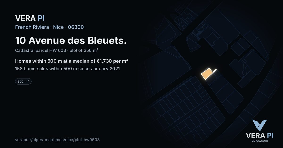 10 Avenue des Bleuets, Nice at night – the plot lit, the parcels around coloured by the prices near them