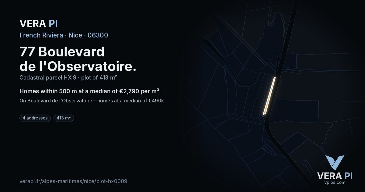 77 Boulevard de l'Observatoire, Nice at night – the plot lit, the parcels around coloured by the prices near them