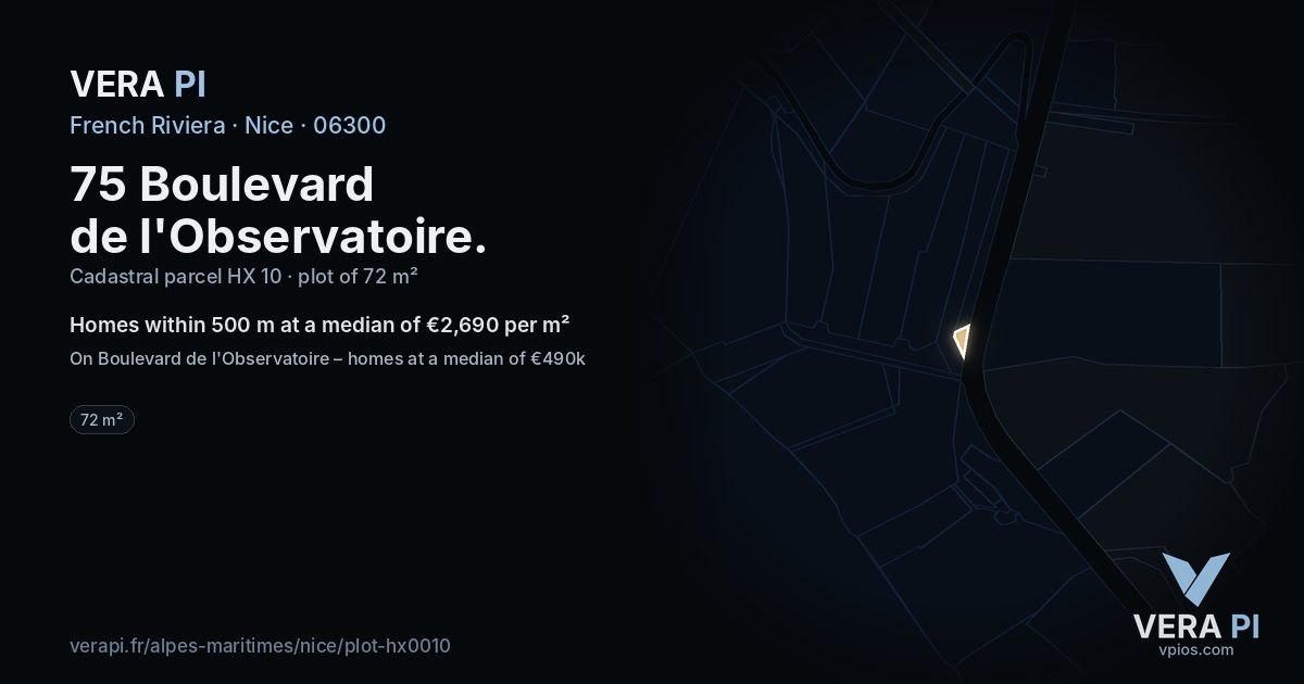 75 Boulevard de l'Observatoire, Nice at night – the plot lit, the parcels around coloured by the prices near them