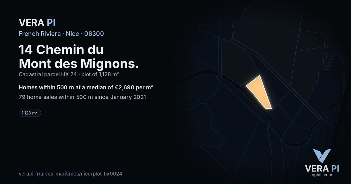 14 Chemin du Mont des Mignons, Nice at night – the plot lit, the parcels around coloured by the prices near them