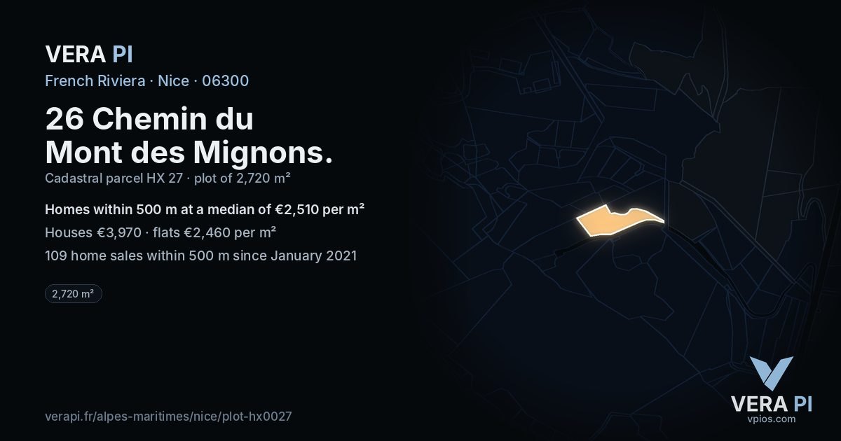 26 Chemin du Mont des Mignons, Nice at night – the plot lit, the parcels around coloured by the prices near them
