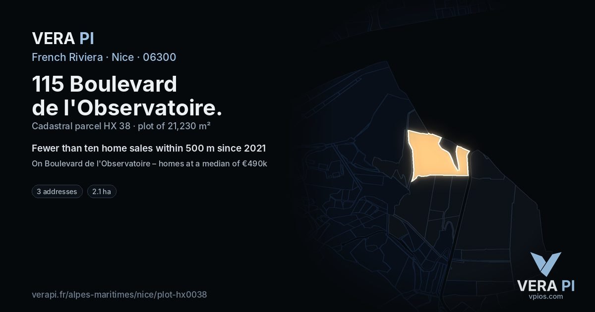 115 Boulevard de l'Observatoire, Nice at night – the plot lit, the parcels around coloured by the prices near them