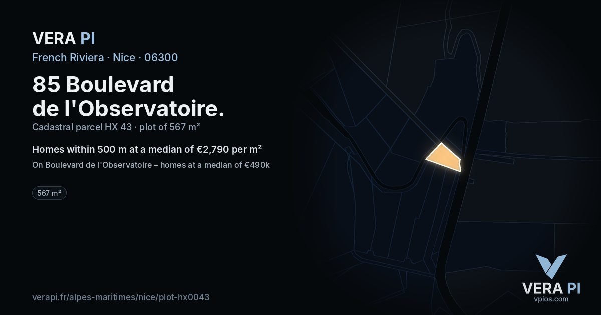 85 Boulevard de l'Observatoire, Nice at night – the plot lit, the parcels around coloured by the prices near them