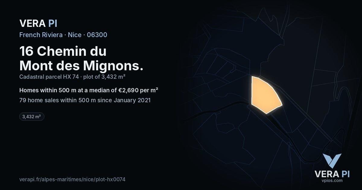 16 Chemin du Mont des Mignons, Nice at night – the plot lit, the parcels around coloured by the prices near them