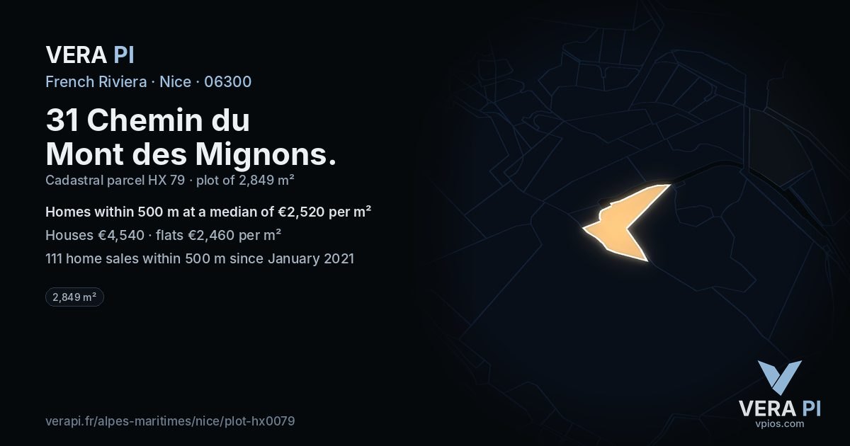 31 Chemin du Mont des Mignons, Nice at night – the plot lit, the parcels around coloured by the prices near them