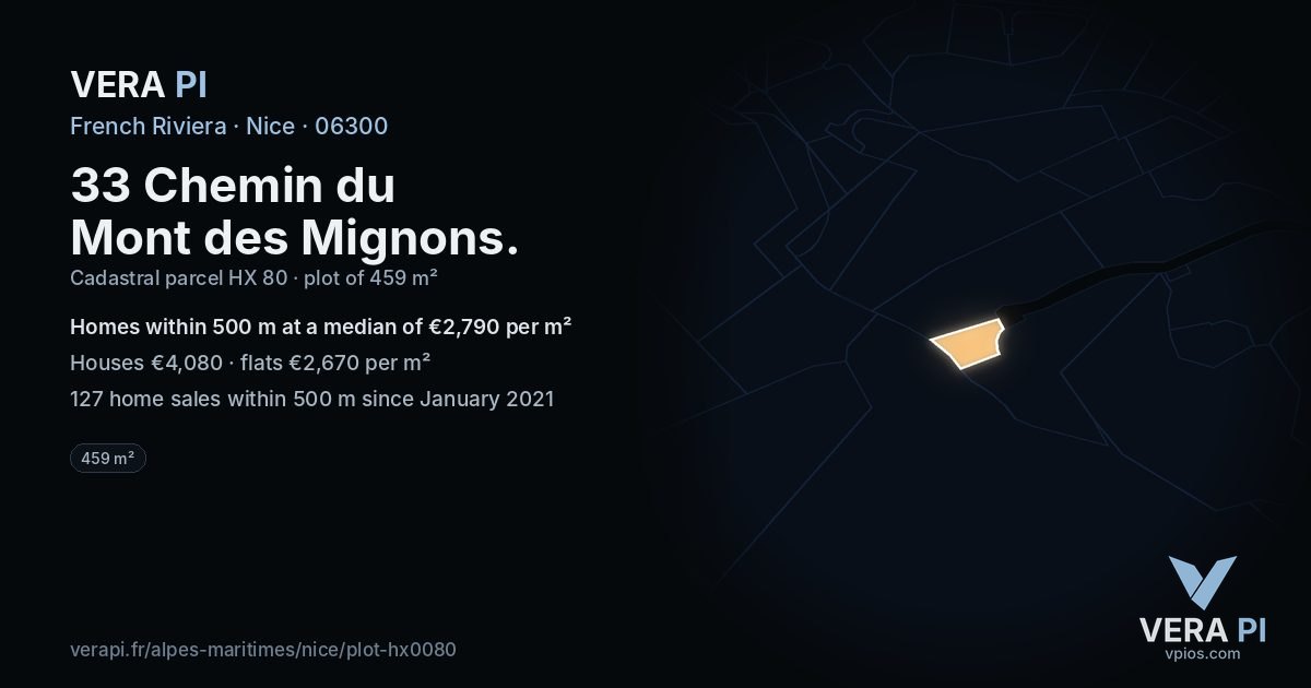33 Chemin du Mont des Mignons, Nice at night – the plot lit, the parcels around coloured by the prices near them