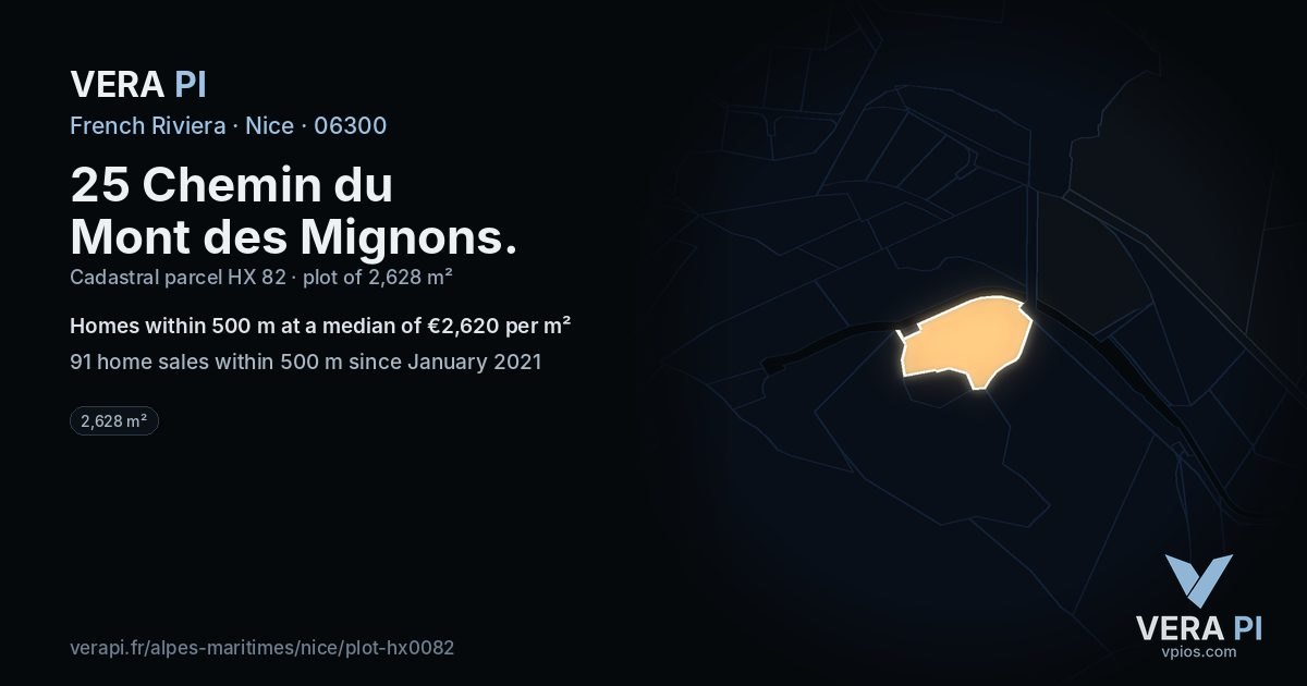 25 Chemin du Mont des Mignons, Nice at night – the plot lit, the parcels around coloured by the prices near them