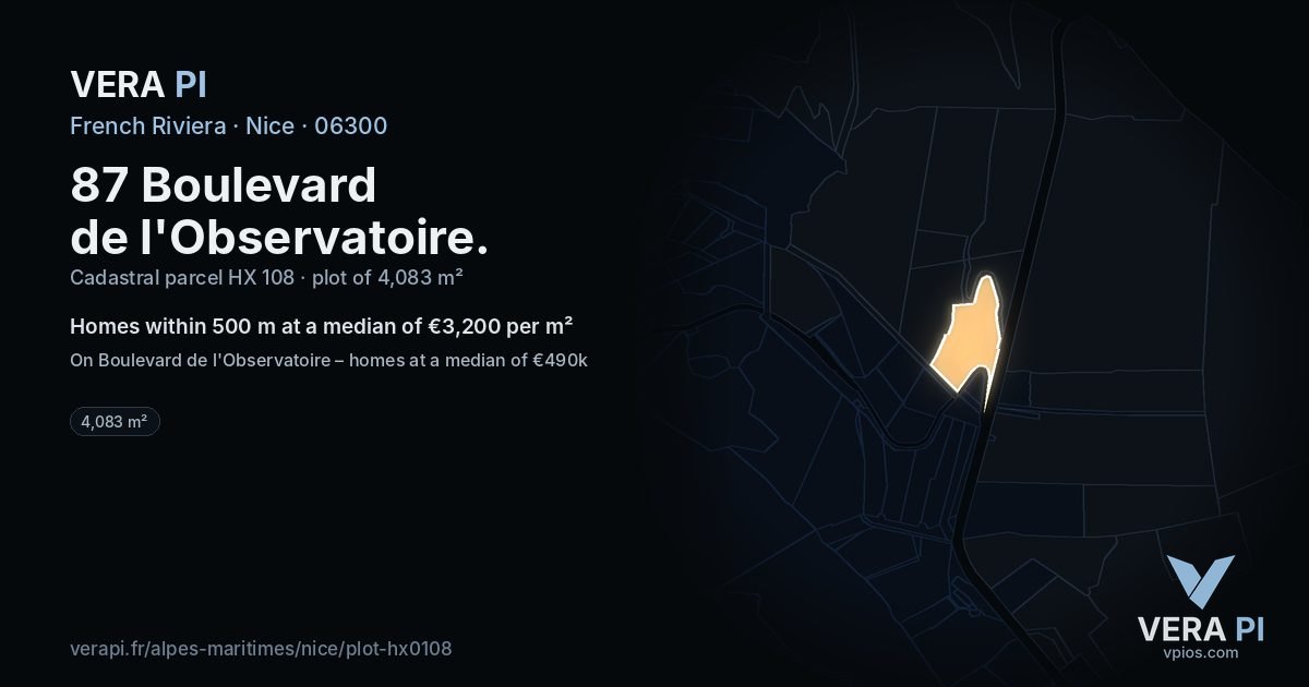 87 Boulevard de l'Observatoire, Nice at night – the plot lit, the parcels around coloured by the prices near them