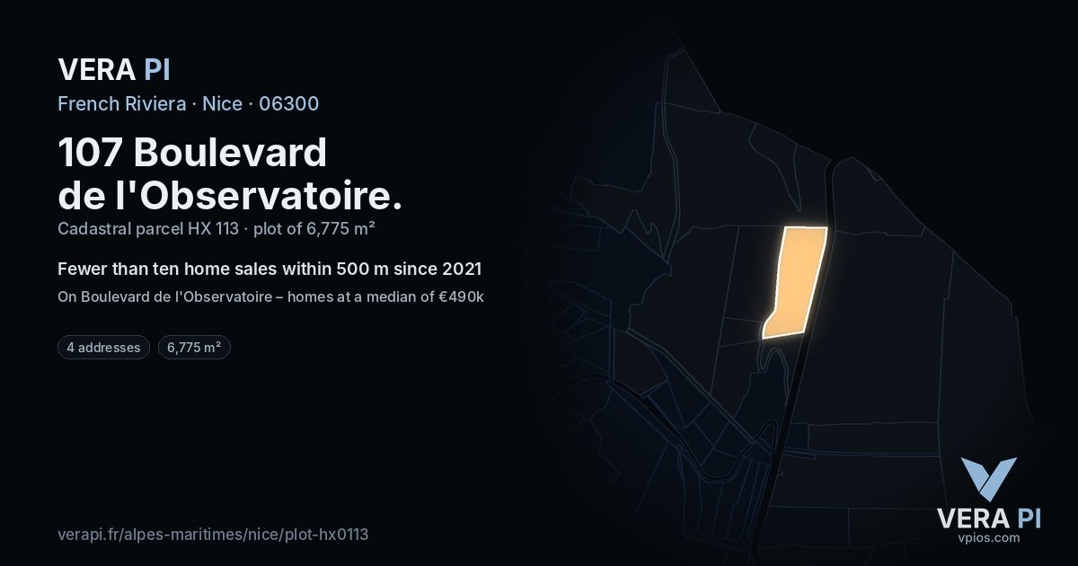 107 Boulevard de l'Observatoire, Nice at night – the plot lit, the parcels around coloured by the prices near them