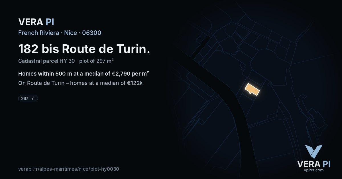 182 bis Route de Turin, Nice at night – the plot lit, the parcels around coloured by the prices near them