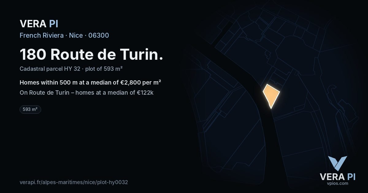 180 Route de Turin, Nice at night – the plot lit, the parcels around coloured by the prices near them