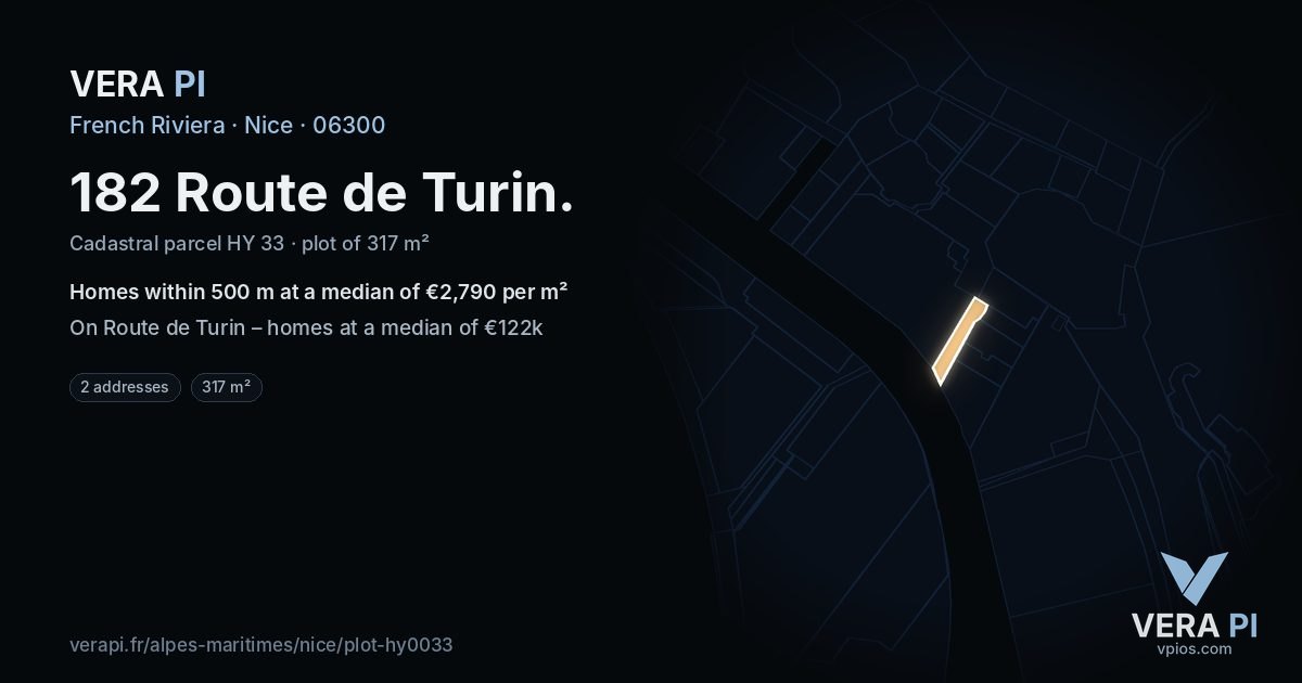 182 Route de Turin, Nice at night – the plot lit, the parcels around coloured by the prices near them