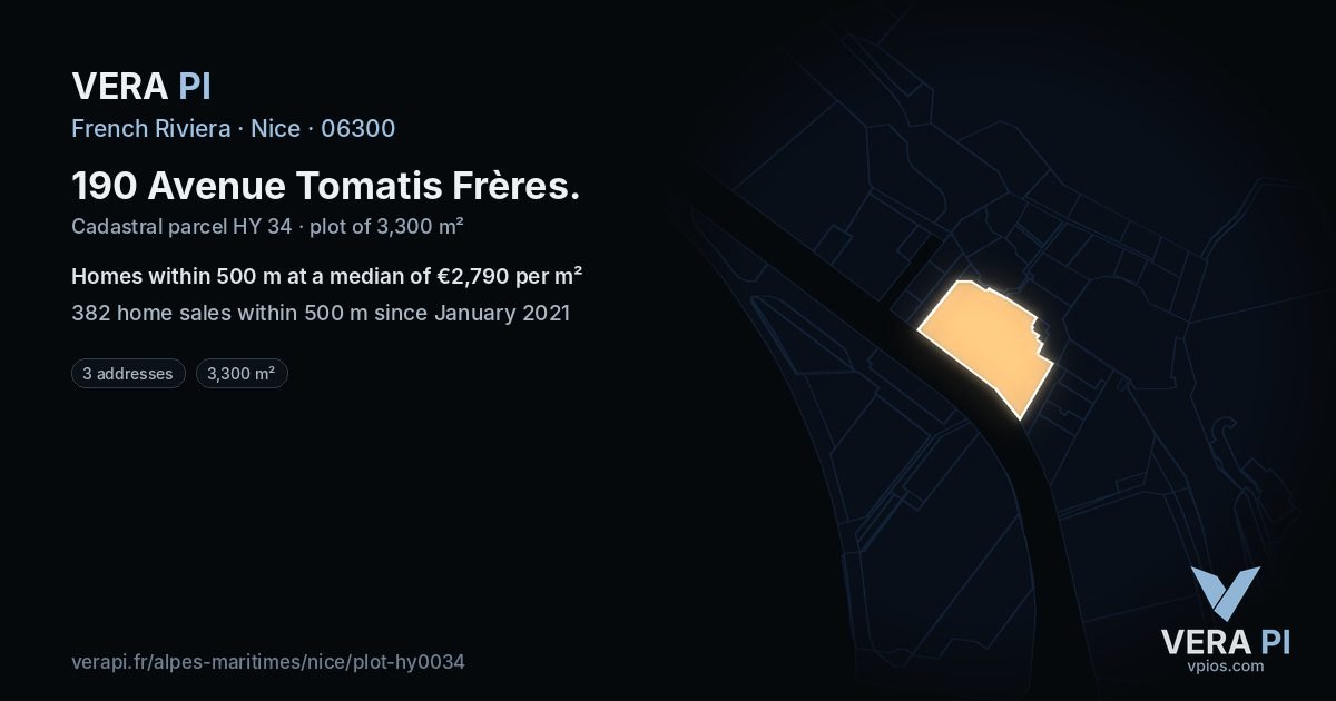 190 Avenue Tomatis Frères, Nice at night – the plot lit, the parcels around coloured by the prices near them