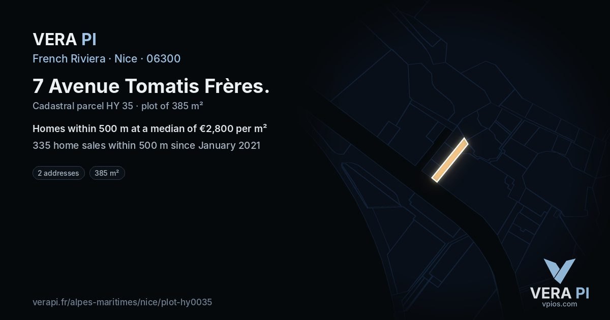 7 Avenue Tomatis Frères, Nice at night – the plot lit, the parcels around coloured by the prices near them