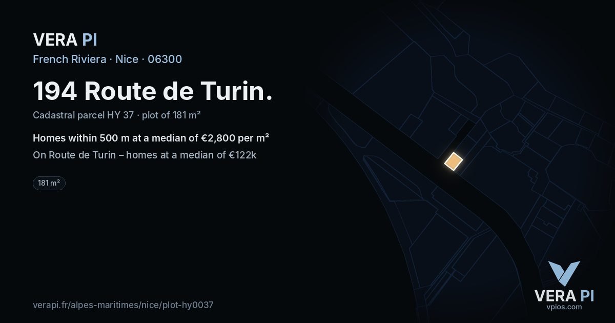 194 Route de Turin, Nice at night – the plot lit, the parcels around coloured by the prices near them