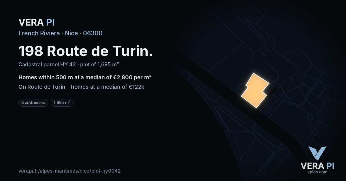 198 Route de Turin, Nice at night – the plot lit, the parcels around coloured by the prices near them