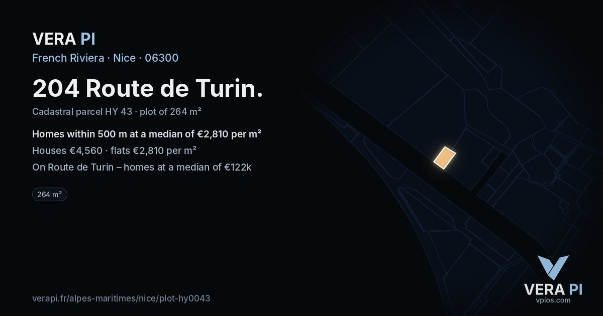 204 Route de Turin, Nice at night – the plot lit, the parcels around coloured by the prices near them