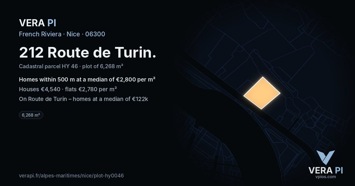 212 Route de Turin, Nice at night – the plot lit, the parcels around coloured by the prices near them