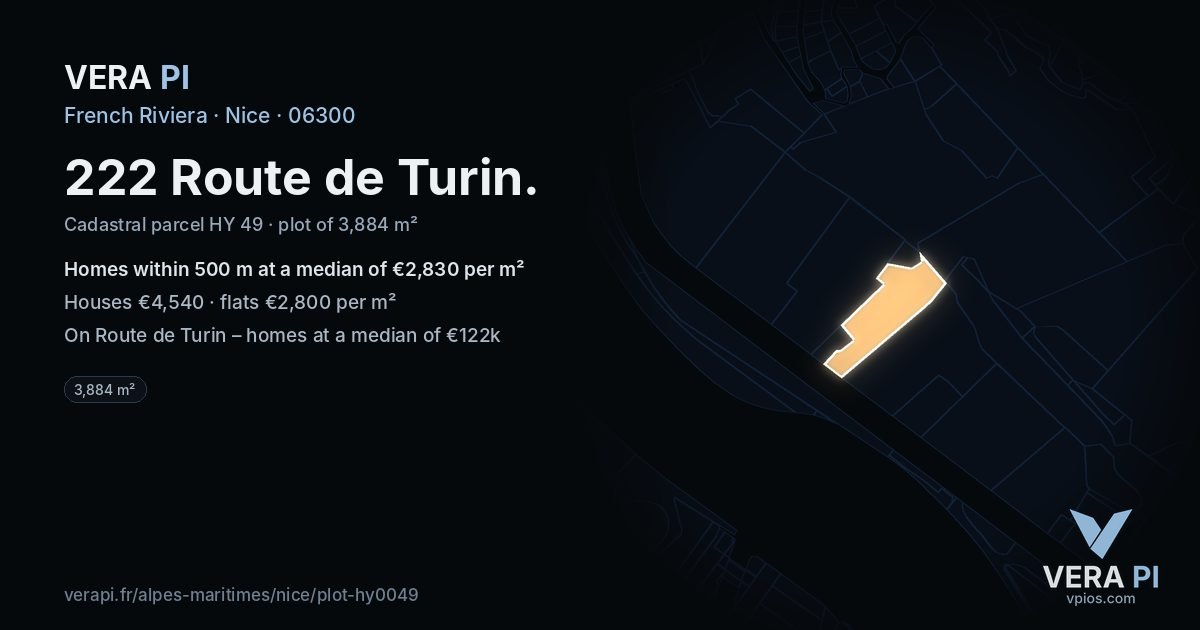 222 Route de Turin, Nice at night – the plot lit, the parcels around coloured by the prices near them