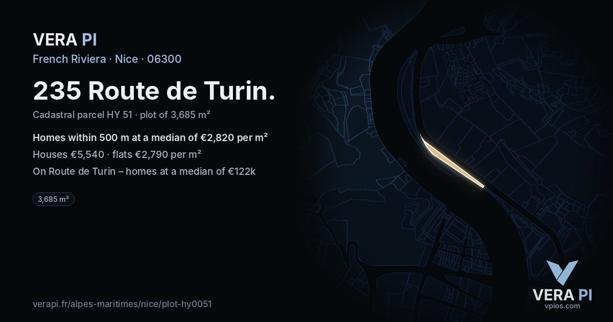 235 Route de Turin, Nice at night – the plot lit, the parcels around coloured by the prices near them