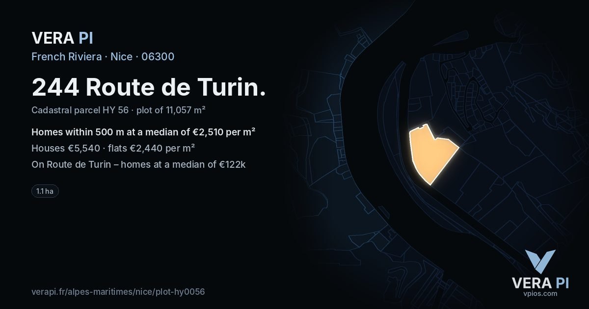 244 Route de Turin, Nice at night – the plot lit, the parcels around coloured by the prices near them