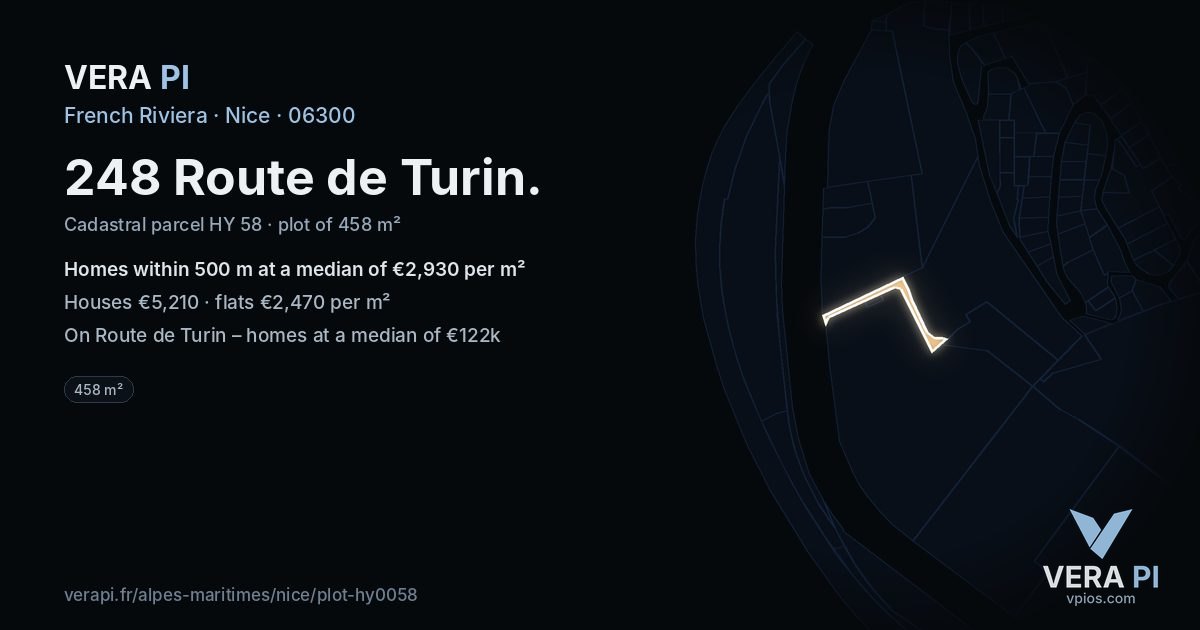 248 Route de Turin, Nice at night – the plot lit, the parcels around coloured by the prices near them