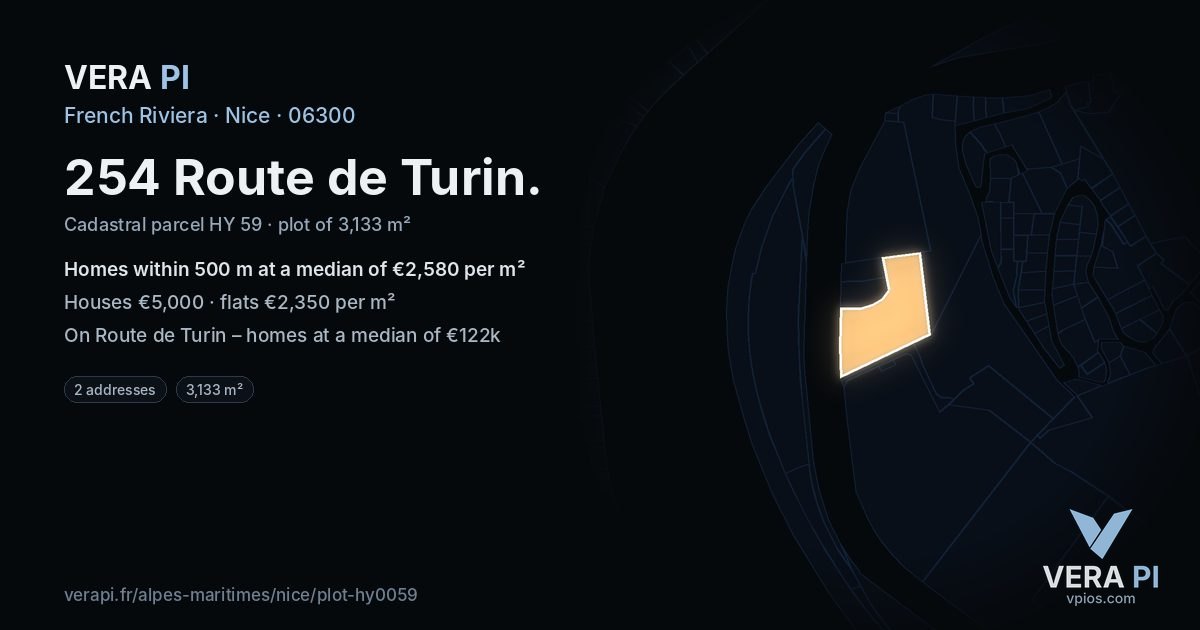 254 Route de Turin, Nice at night – the plot lit, the parcels around coloured by the prices near them