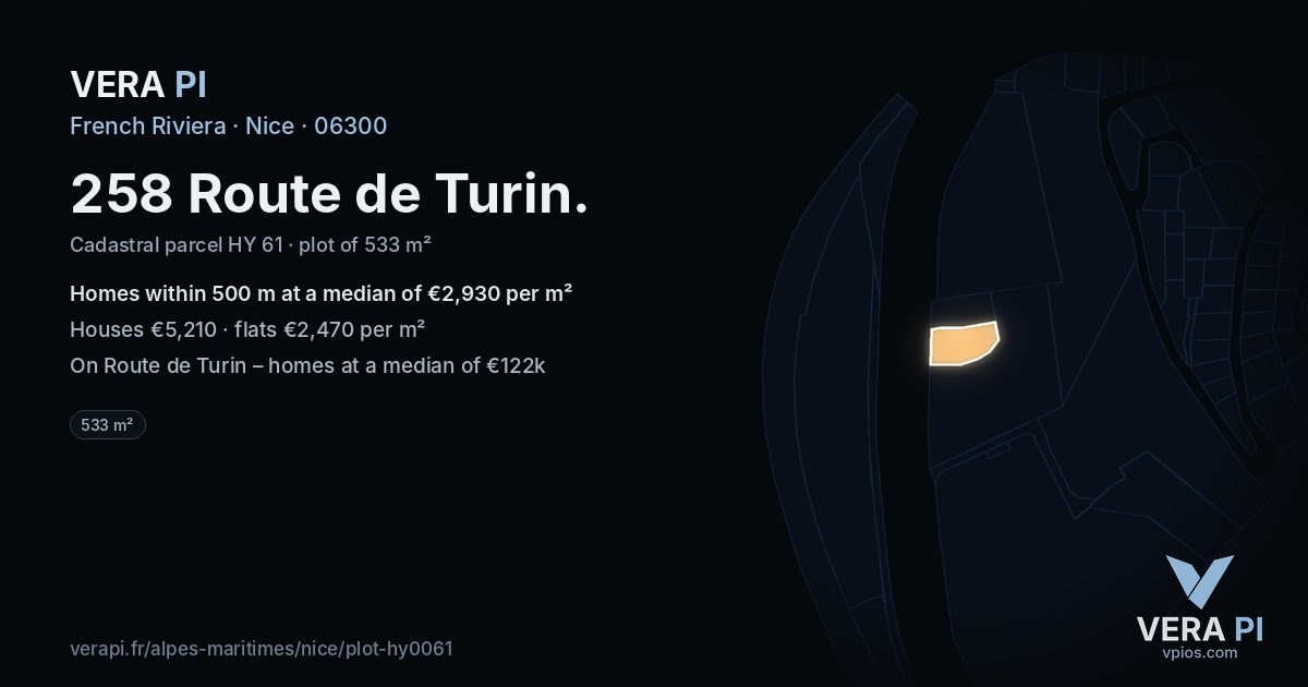 258 Route de Turin, Nice at night – the plot lit, the parcels around coloured by the prices near them