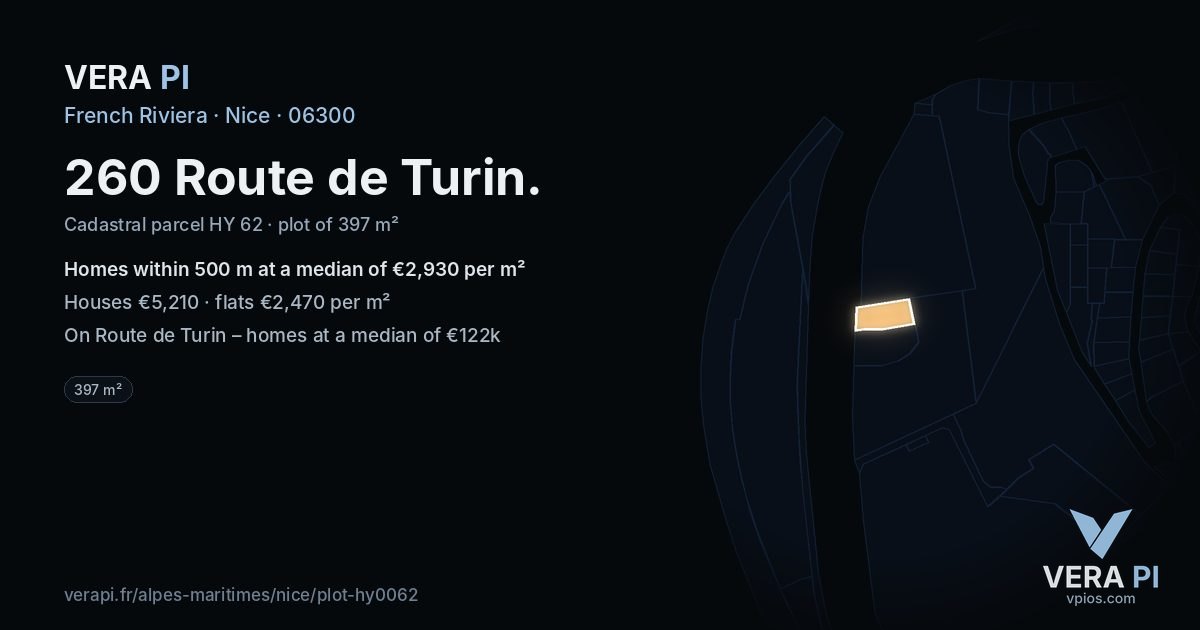 260 Route de Turin, Nice at night – the plot lit, the parcels around coloured by the prices near them