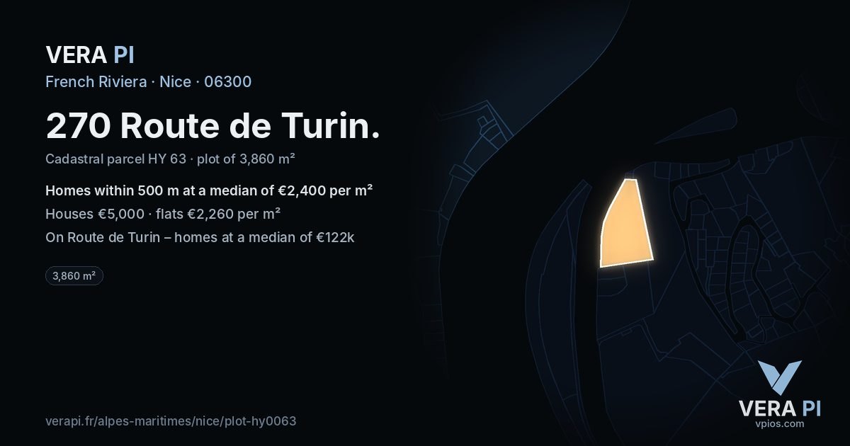 270 Route de Turin, Nice at night – the plot lit, the parcels around coloured by the prices near them