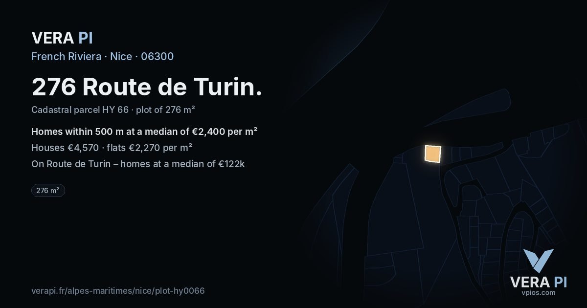 276 Route de Turin, Nice at night – the plot lit, the parcels around coloured by the prices near them