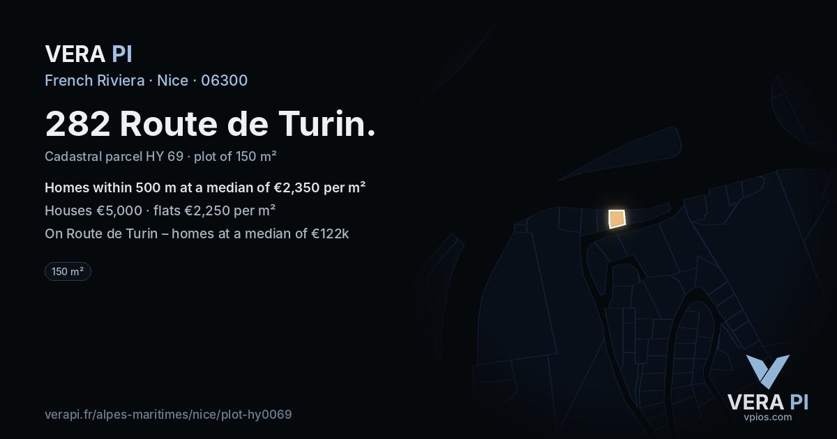 282 Route de Turin, Nice at night – the plot lit, the parcels around coloured by the prices near them