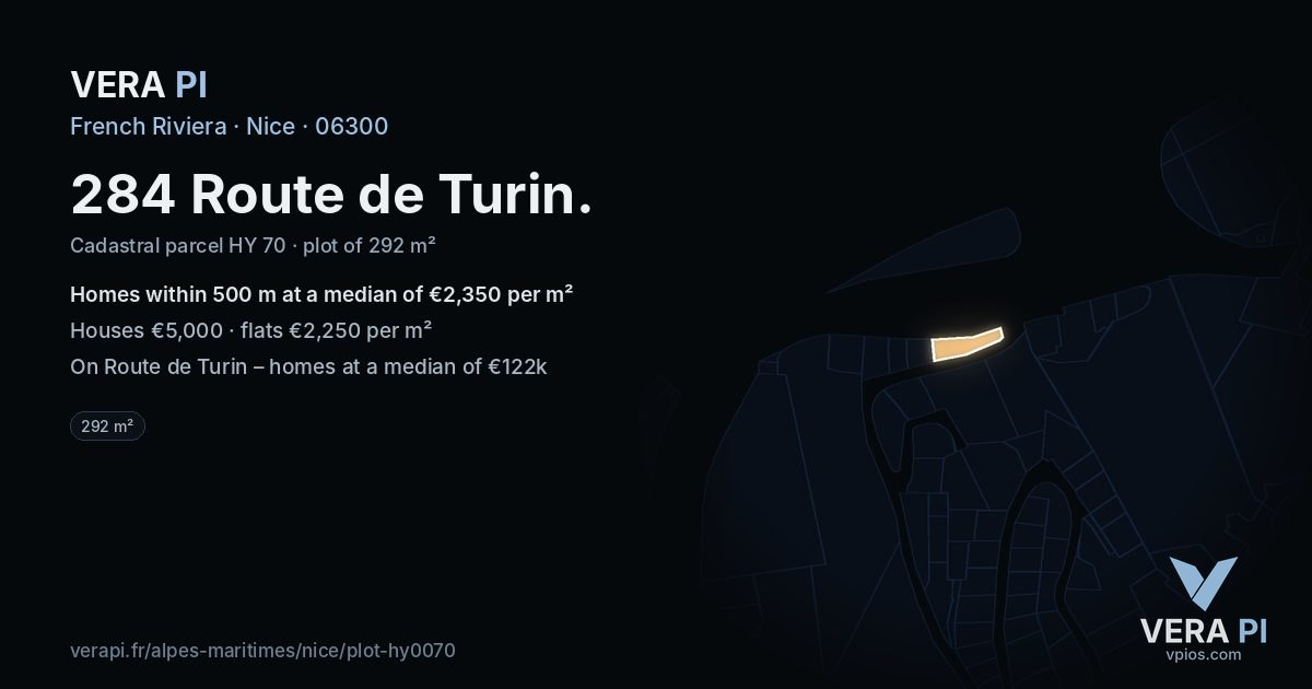 284 Route de Turin, Nice at night – the plot lit, the parcels around coloured by the prices near them