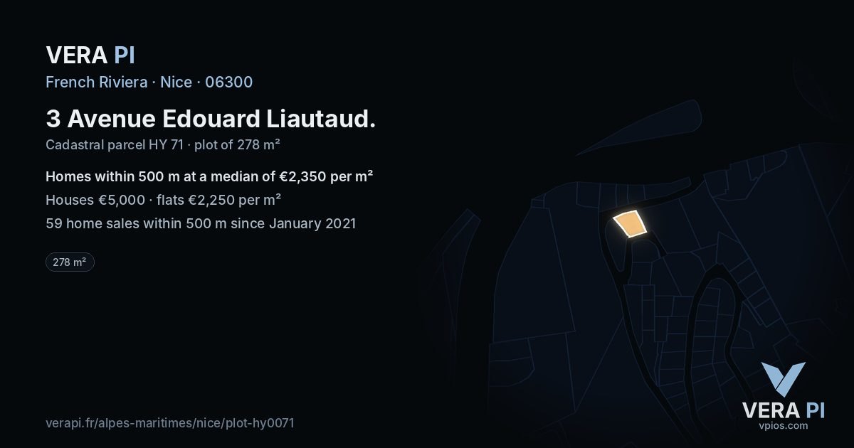 3 Avenue Edouard Liautaud, Nice at night – the plot lit, the parcels around coloured by the prices near them