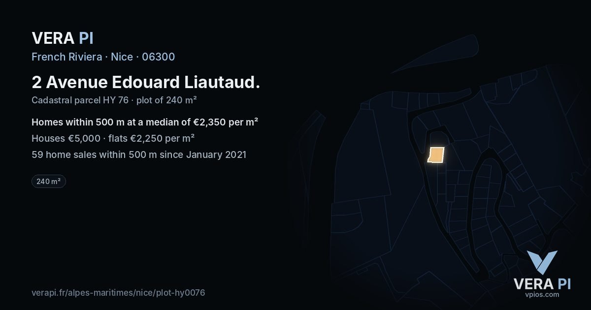 2 Avenue Edouard Liautaud, Nice at night – the plot lit, the parcels around coloured by the prices near them