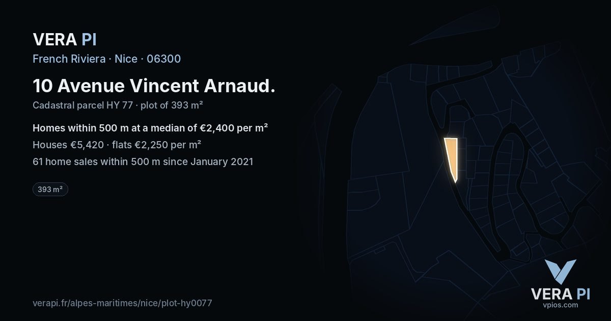 10 Avenue Vincent Arnaud, Nice at night – the plot lit, the parcels around coloured by the prices near them