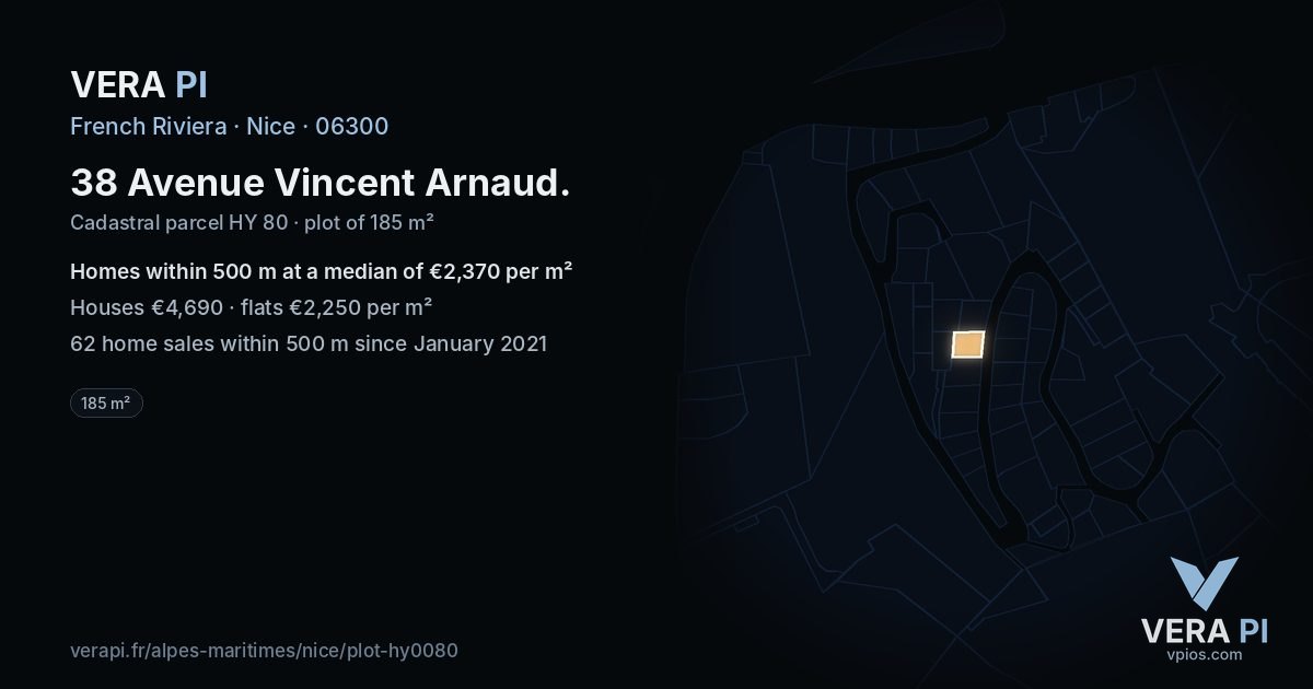 38 Avenue Vincent Arnaud, Nice at night – the plot lit, the parcels around coloured by the prices near them