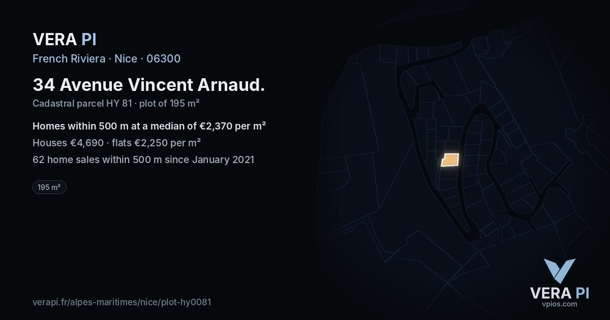 34 Avenue Vincent Arnaud, Nice at night – the plot lit, the parcels around coloured by the prices near them