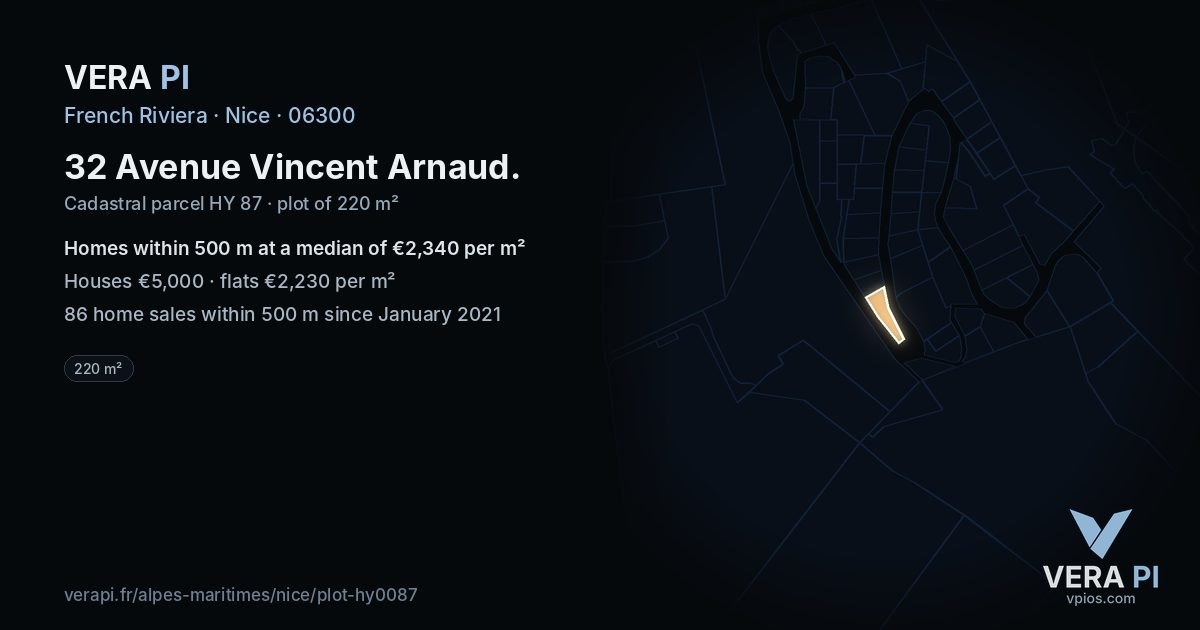 32 Avenue Vincent Arnaud, Nice at night – the plot lit, the parcels around coloured by the prices near them