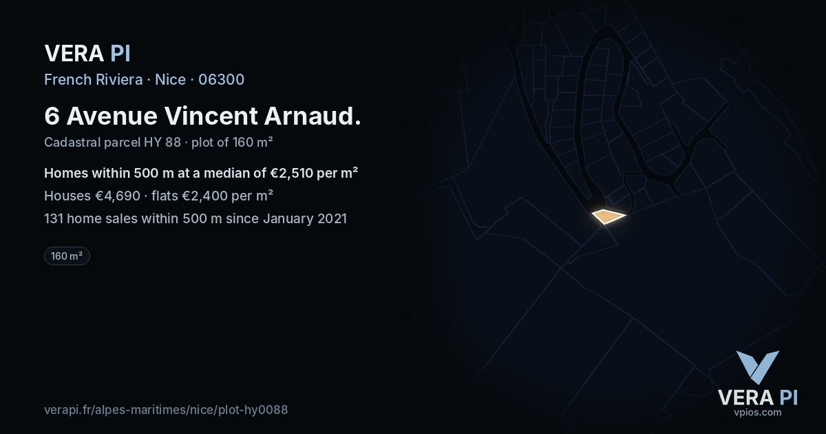 6 Avenue Vincent Arnaud, Nice at night – the plot lit, the parcels around coloured by the prices near them