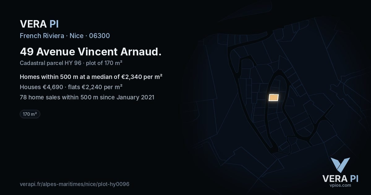 49 Avenue Vincent Arnaud, Nice at night – the plot lit, the parcels around coloured by the prices near them