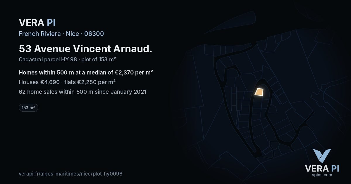 53 Avenue Vincent Arnaud, Nice at night – the plot lit, the parcels around coloured by the prices near them