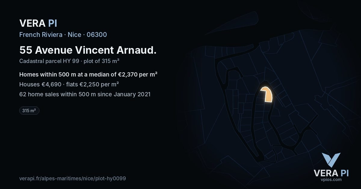 55 Avenue Vincent Arnaud, Nice at night – the plot lit, the parcels around coloured by the prices near them