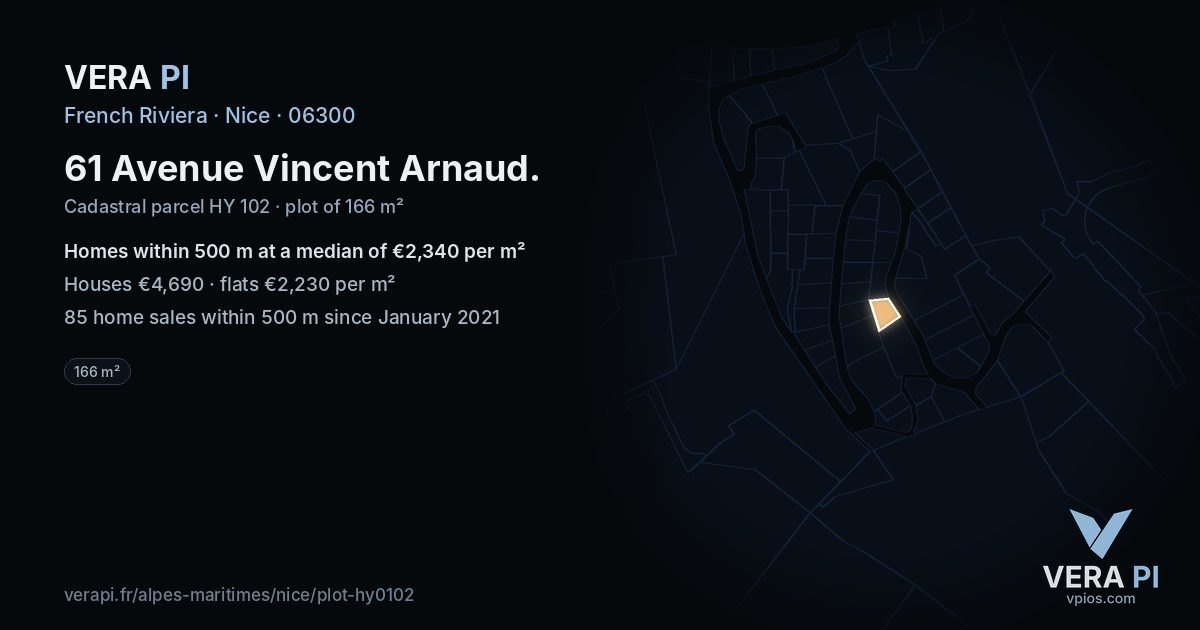 61 Avenue Vincent Arnaud, Nice at night – the plot lit, the parcels around coloured by the prices near them